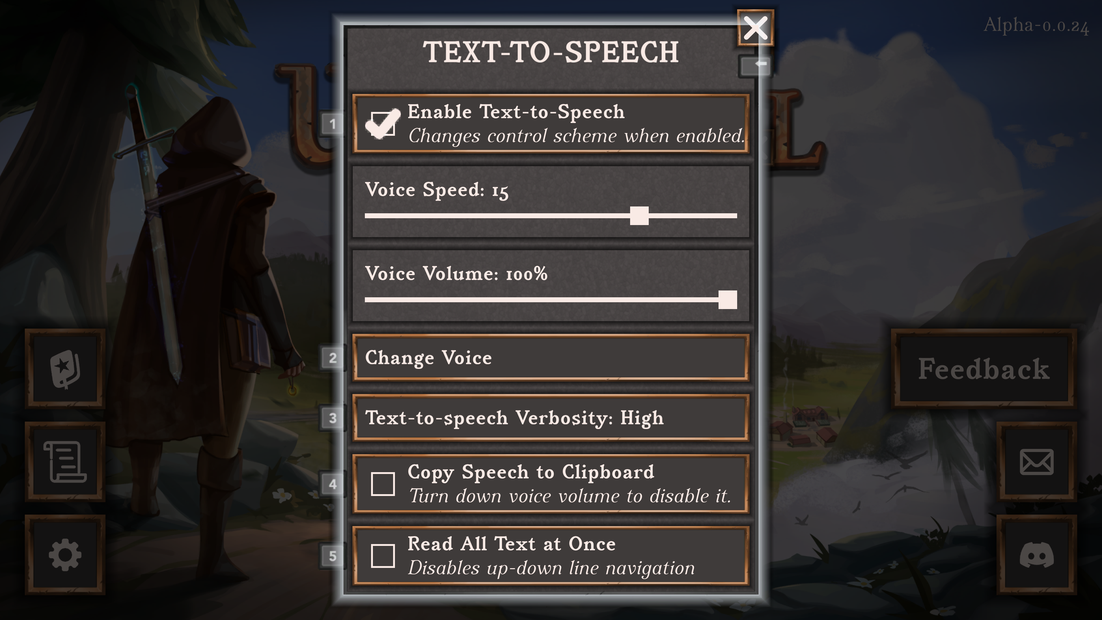 Screenshot of the text-to-speech settings menu in the graphical version, described below