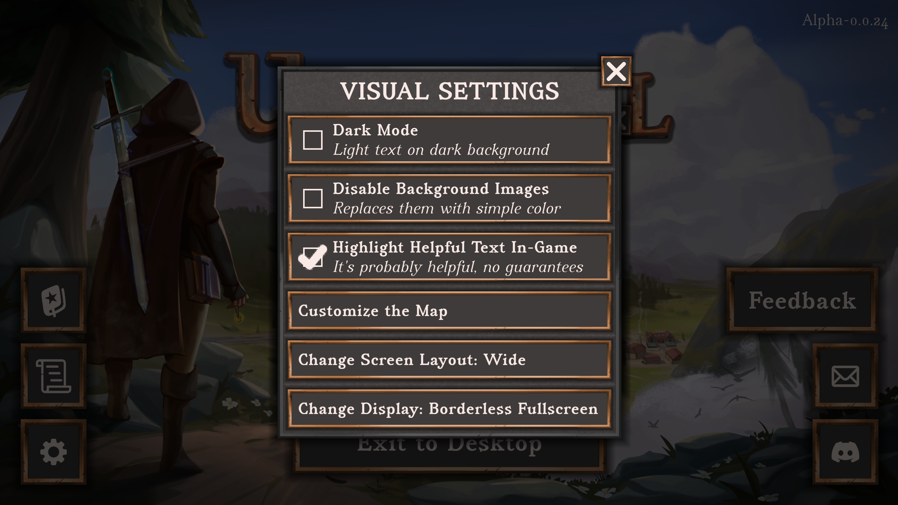 Screenshot of the visual settings menu in the graphical version, described below